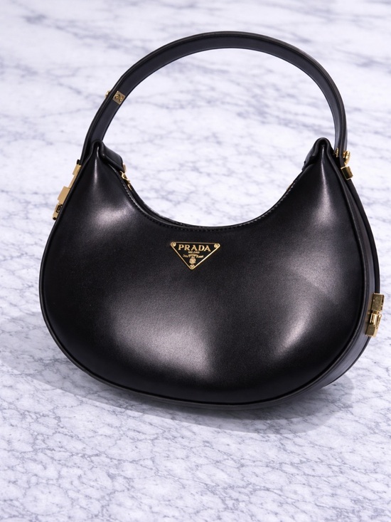 Prada Handbags - Prada Black Leather Crescent Shoulder Bag with Gold Hardware